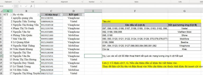 Lọc số điện thoại theo các nhà mạng bằng Excel