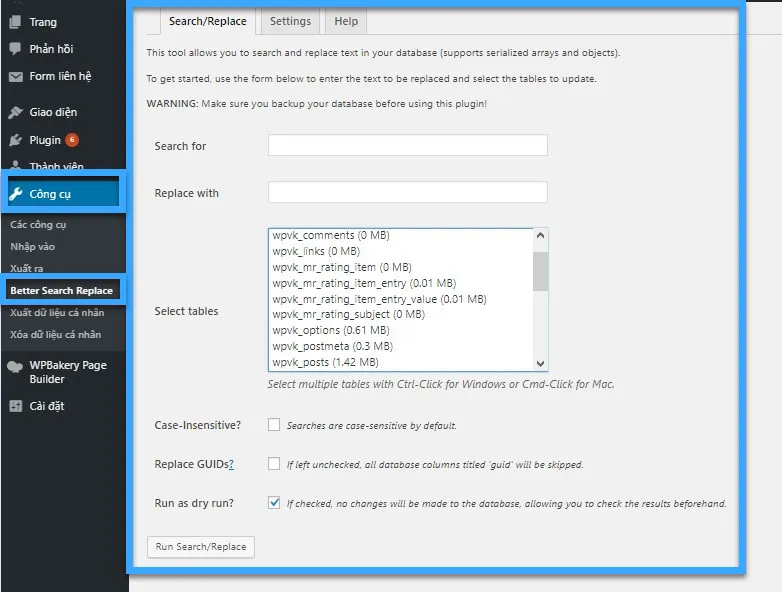 Giao diện cấu hình của plugin Better Search Replace